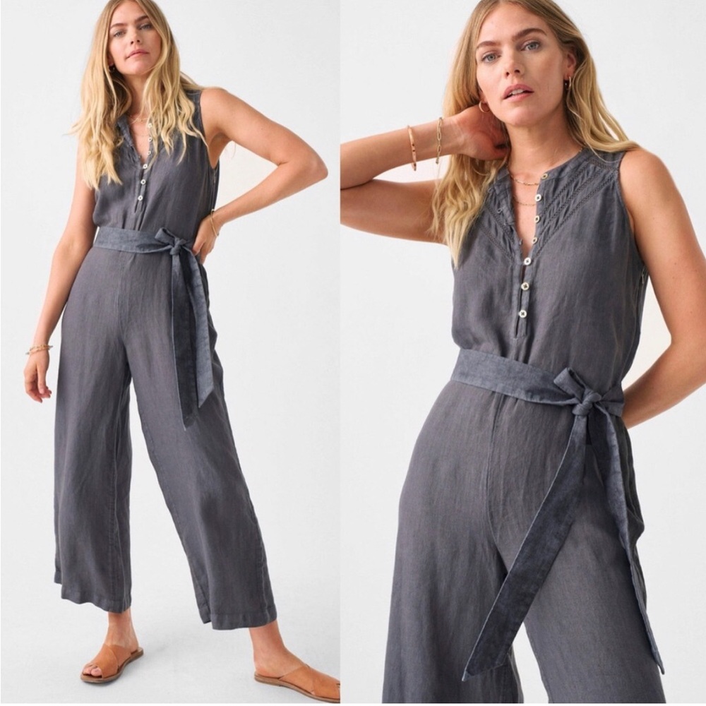 Faherty Hermosa Linen Gray Sleeveless Tie-waist Jumpsuit
